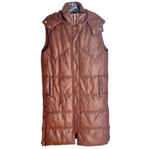 7 for All Mankind Vegan Leather Longline Hooded Puffer Vest Brown Sienna Size S